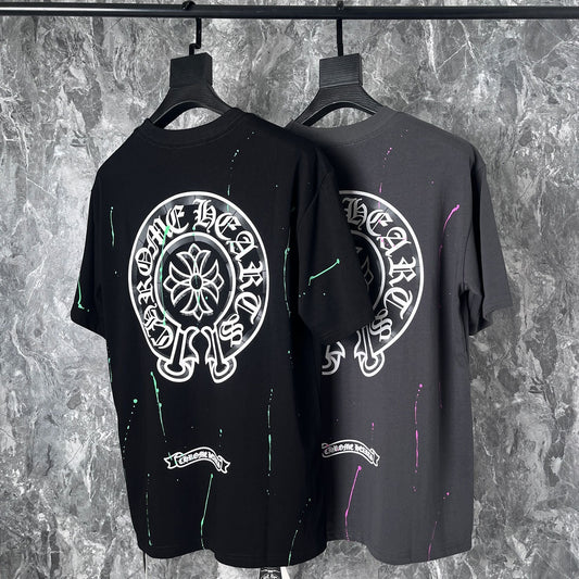 Chrome Heart T Shirts Cross Leather Print Short Sleeve T-Shirt Loose
