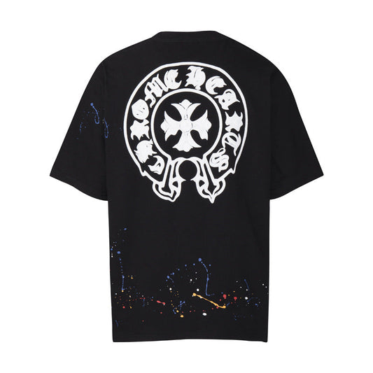 Chrome Heart T Shirts Cross Leather Print Short Sleeve T-Shirt Loose