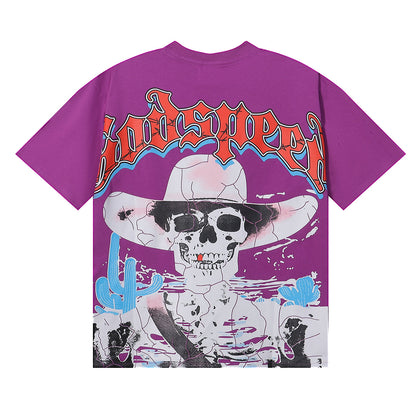 Godspeed T-shirts Great Western Skull Denim Cactus Print Cotton Casual Short Sleeve Men and Women