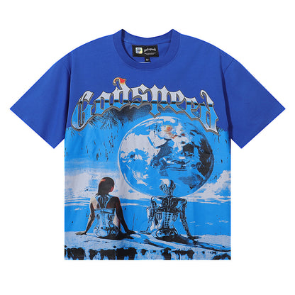 Godspeed T-shirts Tech Man Earth Printing Cotton Casual Short Sleeves Men and Women