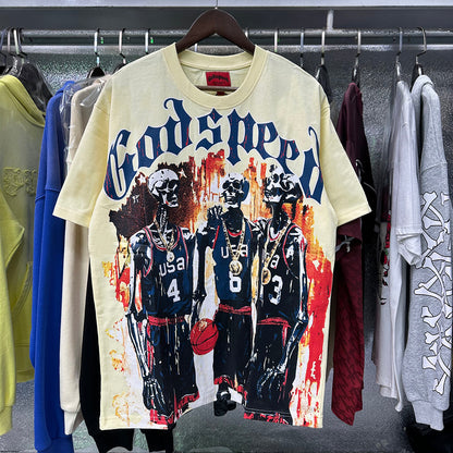 Godspeed T-shirts Basketball Dream Team Trident Print Cotton Casual Short Sleeve Men and Women