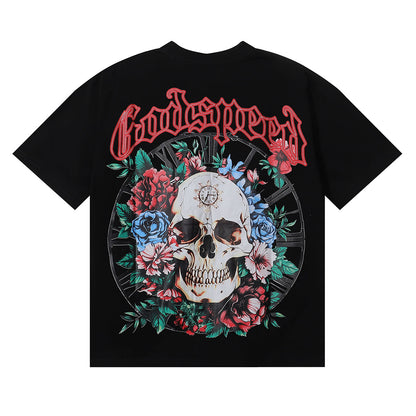 Godspeed T-shirts Skull Rose Clock Plate Double Yarn Cotton Casual Short Sleeve Men and Women