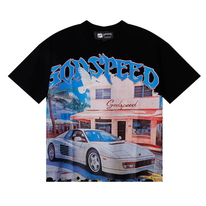Godspeed T-shirts Convenience Store White Car Printing Cotton Casual Short Sleeve Men's and Women's
