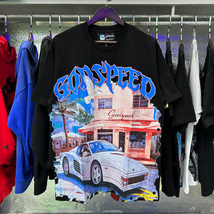 Godspeed T-shirts Convenience Store White Car Printing Cotton Casual Short Sleeve Men's and Women's