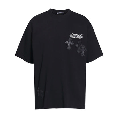 Chrome Heart T Shirts Cross Color Leather Printed Short Sleeve T-Shirt Loose
