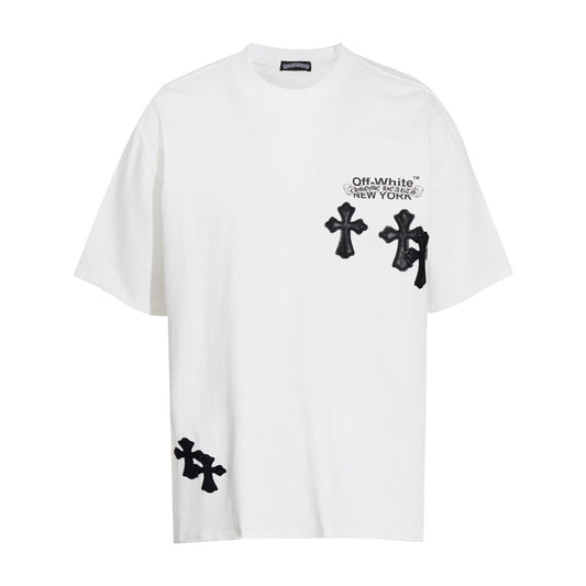 Chrome Heart T Shirts Cross Color Leather Printed Short Sleeve T-Shirt Loose