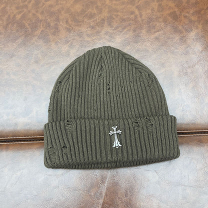 Chrome Heart Beanie Knitted Hat Women's Thick Wool Hat Cross Cold Hat