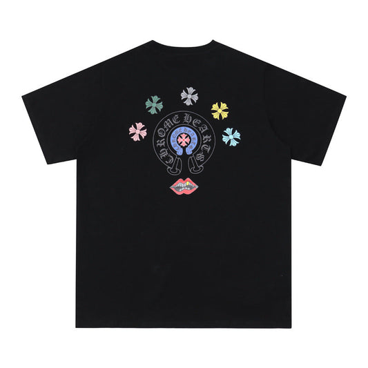Chrome Heart T Shirts Cross Leather Print Short Sleeve T-Shirt Loose