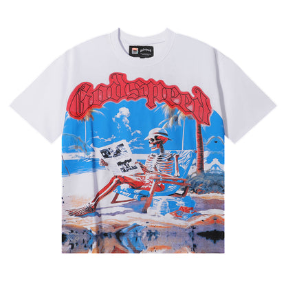 Godspeed T-shirts Cozy Beach Skull Double Yarn Cotton Casual Short Sleeves Men and Women